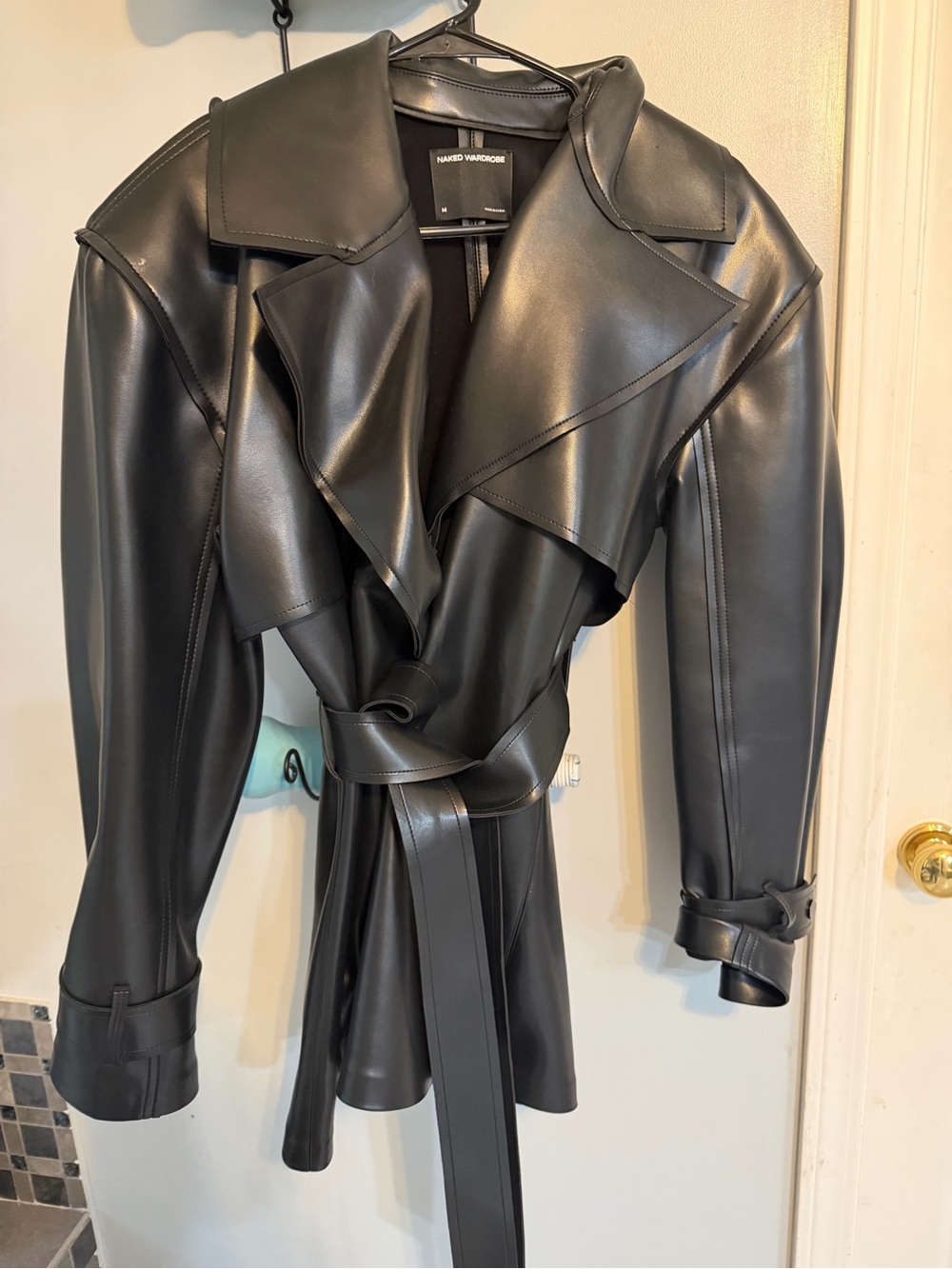 naked wardrobe Black Faux Leather Trench Coat Jumpsuit